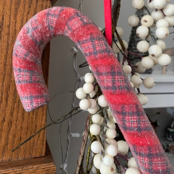 Extra Large Frosted Beaded Candy Cane Ornament Plaid pattern - Picture 2 of 2
